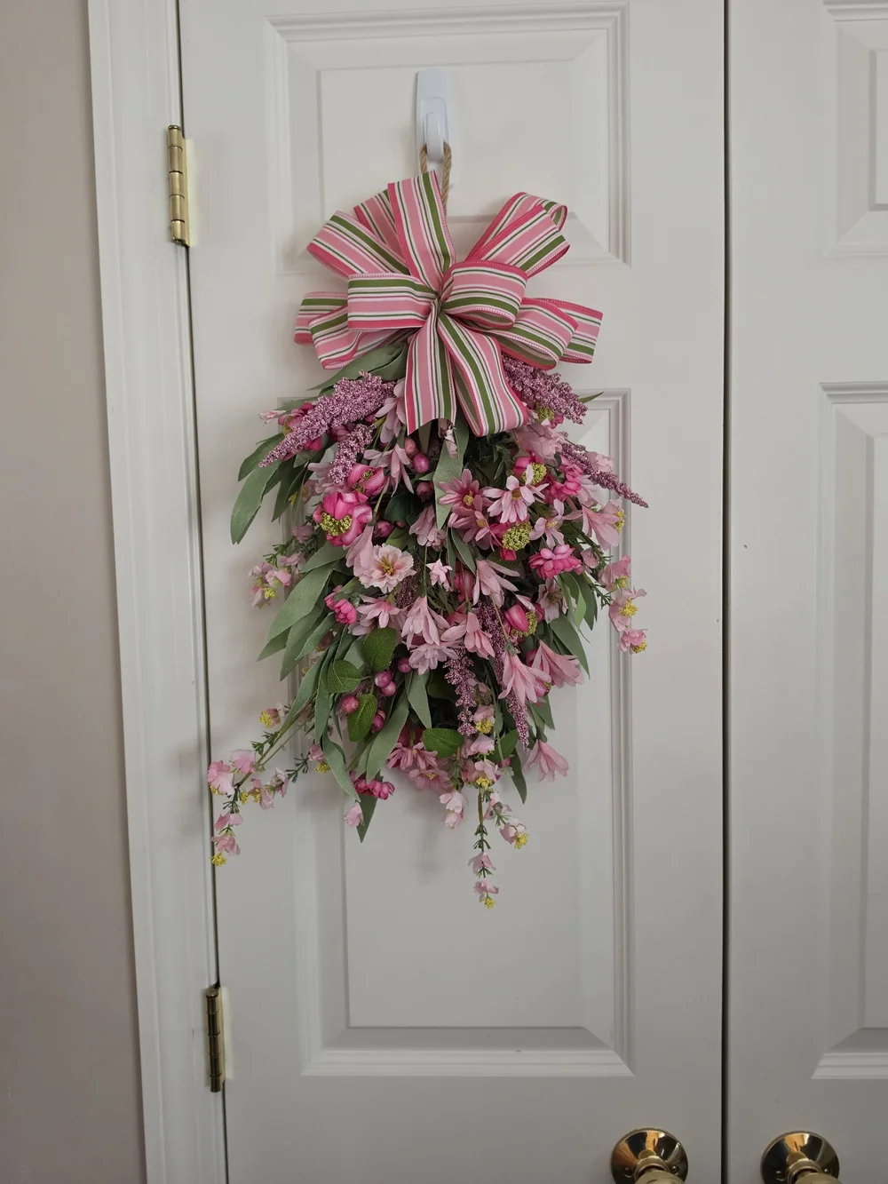 Pink Floral Hanging Swag with Striped Bow